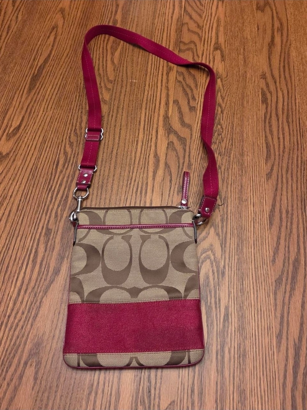Coach Khaki Signature Canvas Crossbody with Red Trim